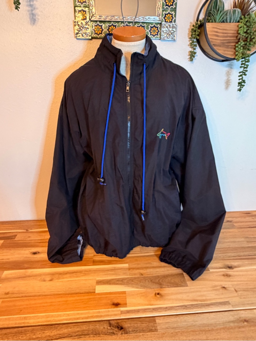 VINTAGE 90s Greg Norman Nylon Windbreaker Jacket Black Blue Shark XL Hong Kong